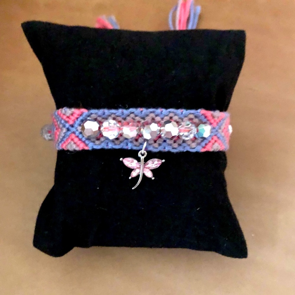 Woven and Beaded Bracelet with Pink Dragonfly charm